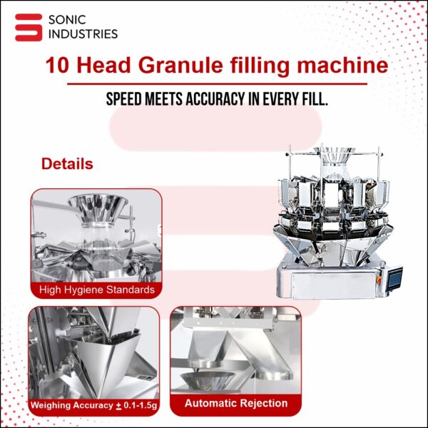 Sonic Industries 10-Head Multi-Head Weighing Machine with Timing Bucket (1.6L Capacity) – High-Speed Precision Weighing