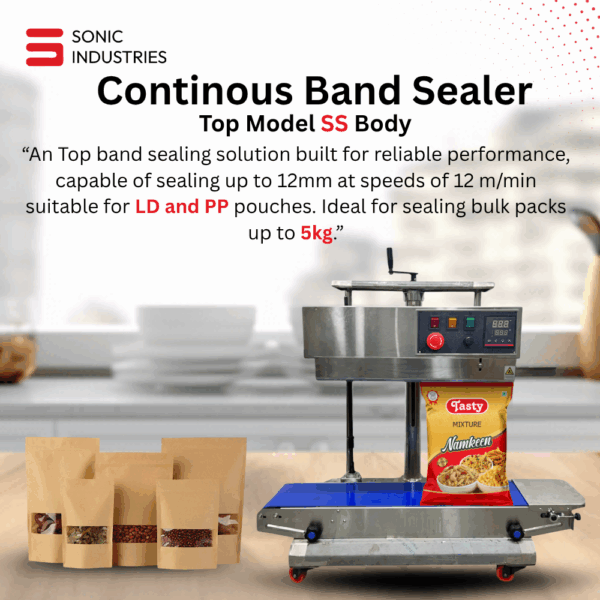 Sonic Industries 5kg Vertical Band Sealer Machine – Heavy-Duty SS Body Modal
