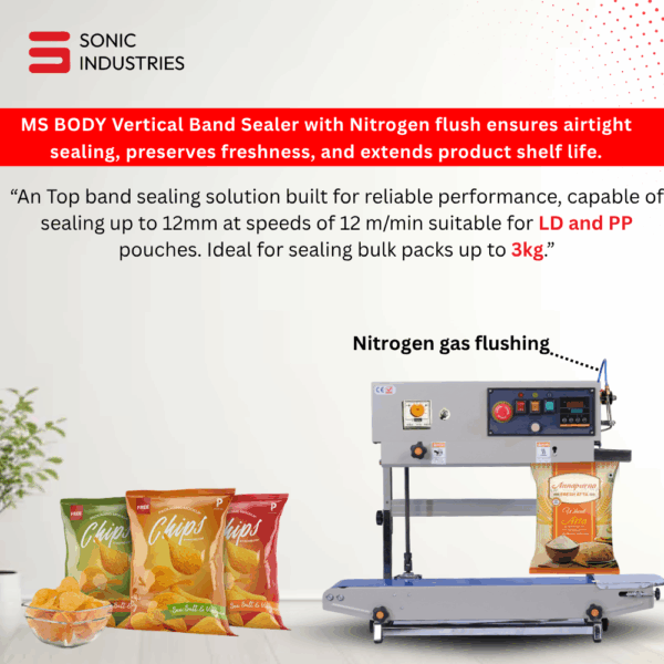 Sonic Industries Nitrogen Gas Filling Flush Band Sealer Heat Sealing Machine seal for plastic bags With MS Body