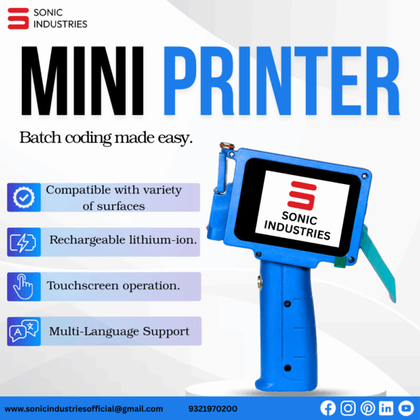 Sonic Industries Mini Advance Thermal Inkjet Printer with Solvent Cartridge – Compact, High-Speed Coding Solution