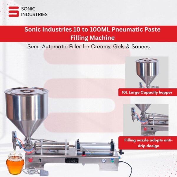 Sonic Industries 10 to 100ML Pneumatic Paste Filling Machine Single Head  – Semi-Automatic Filler for Creams, Gels & Sauces