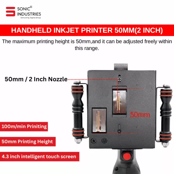 Sonic Industries 50MM Handheld Thermal Inkjet Printer with Solvent Cartridge – Ultra-Wide Format Industrial Coding