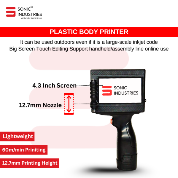 Sonic Industries Handheld Thermal Inkjet Printer ABS Model with Solvent Cartridge – Industrial Grade, High-Resolution Coding