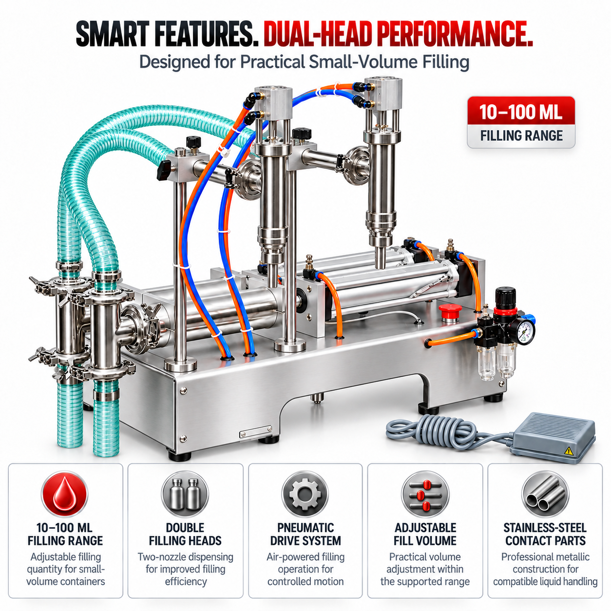 Pneumatic Liquid Filling Machine Double Head 10ML to 100ML by Sonic Industries - Image 4
