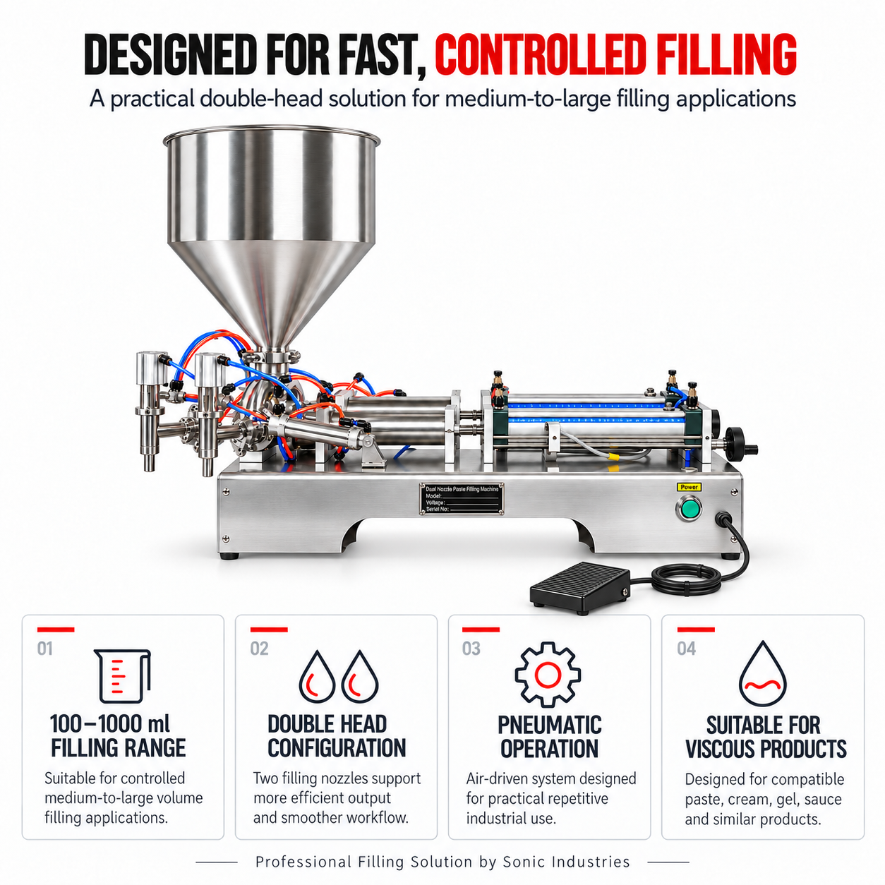 Pneumatic Paste Filling Machine Double Head 100ML to 1000 ML by Sonic Industries - Image 5