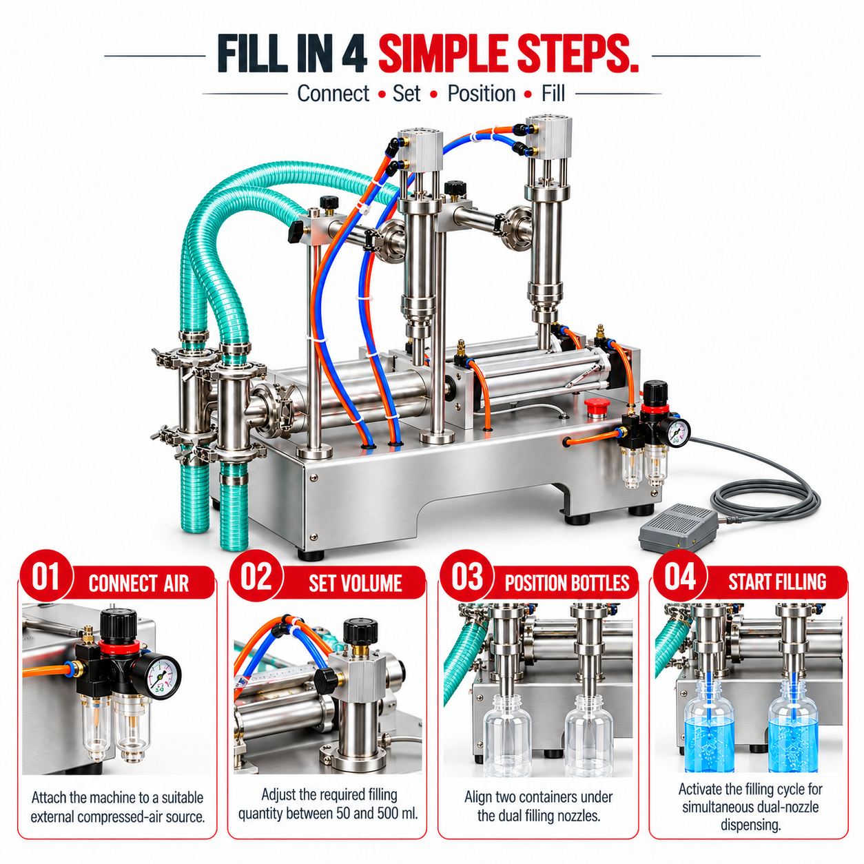 Pneumatic Liquid Filling Machine Double Head 10ML to 100ML by Sonic Industries - Image 6