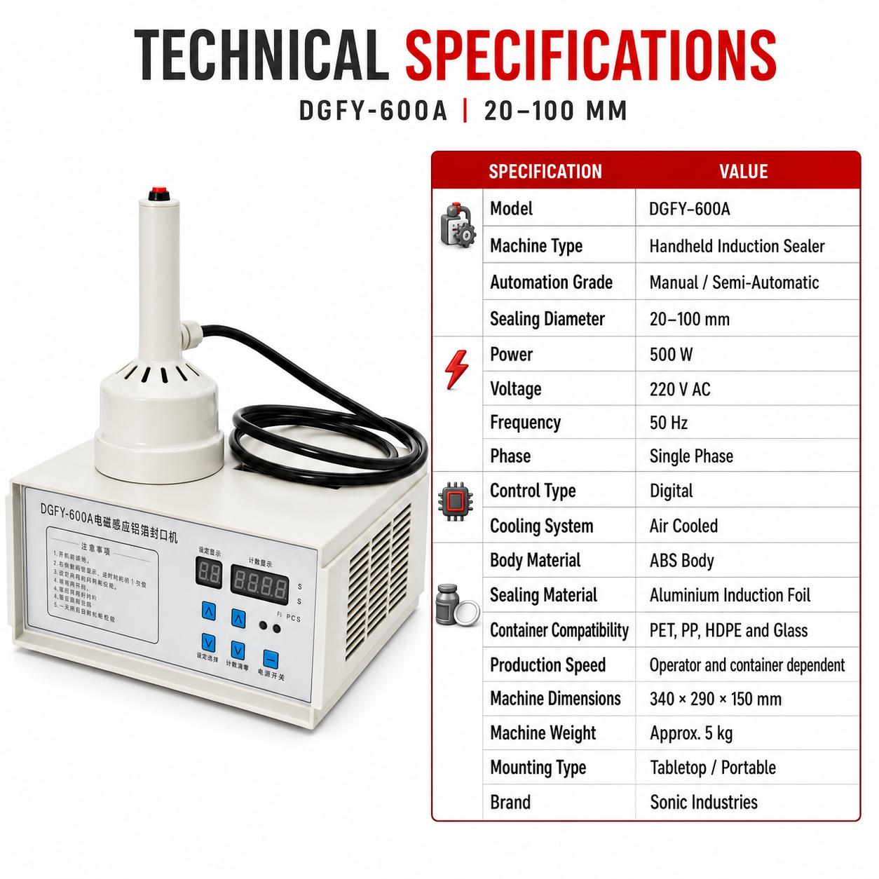 Induction Sealing Machine DGFY-600A 20MM to 100MM by Sonic Industries - Image 7
