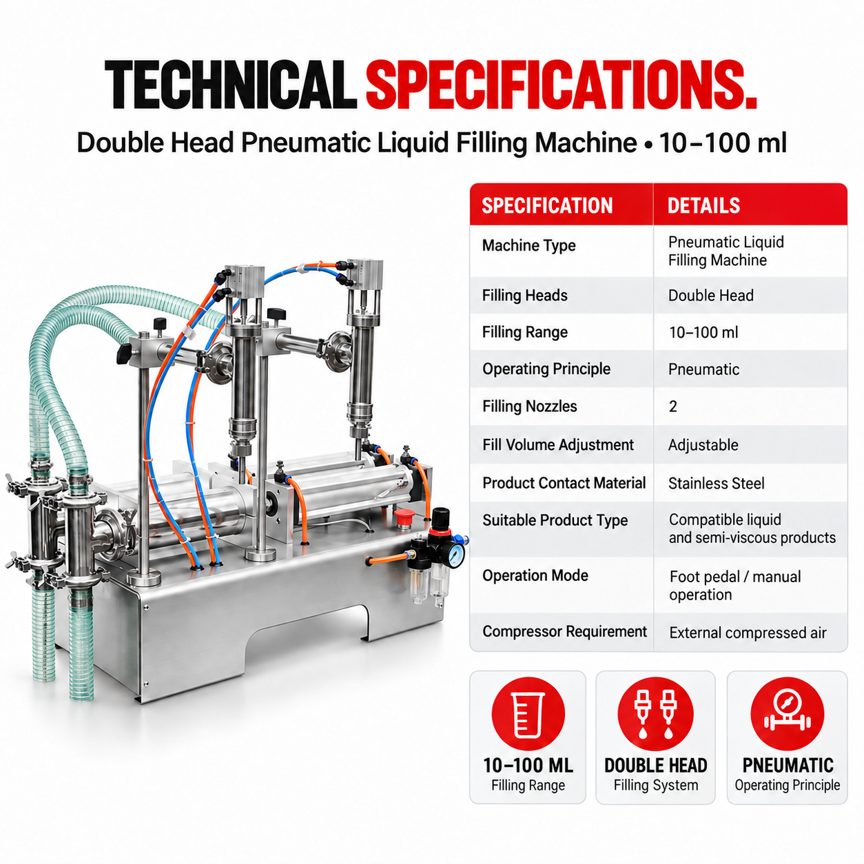 Pneumatic Liquid Filling Machine Double Head 10ML to 100ML by Sonic Industries - Image 9