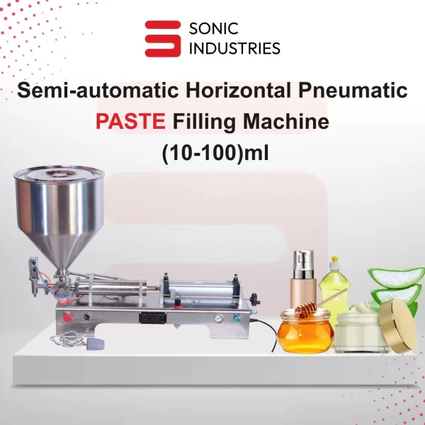 Sonic Industries 10 to 100ML Pneumatic Paste Filling Machine Single Head  – Semi-Automatic Filler for Creams, Gels & Sauces
