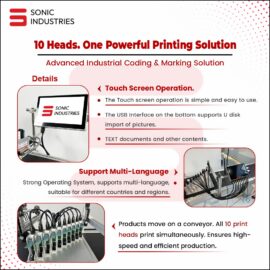 10 Head Batch Coding Printer by Sonic Industries | Multi-Head Online Inkjet Printer for Date, MRP & Barcode Printing