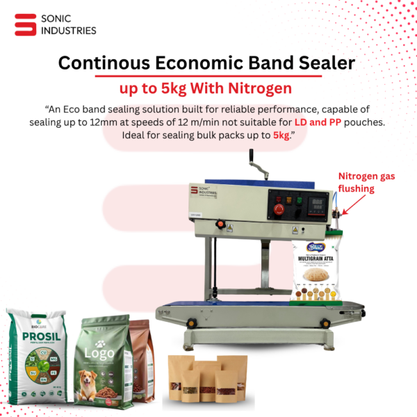 FR-900 Band Sealing Machine MS Eco 5Kg Vertical Band Sealer with Nitrogen Flushing System by Sonic Industries