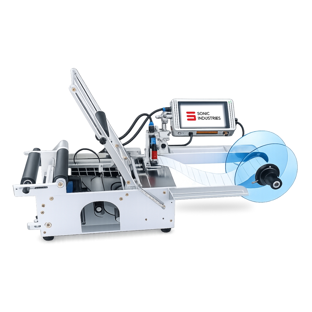 Sonic Industries Semi Automatic Labelling Machine with 7 Inch Printer by Sonic Industries
