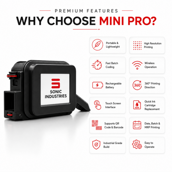 Mini Pro Inkjet Printer by Sonic Industries | Portable Batch Coding Machine for MRP, Date & Expiry Printing