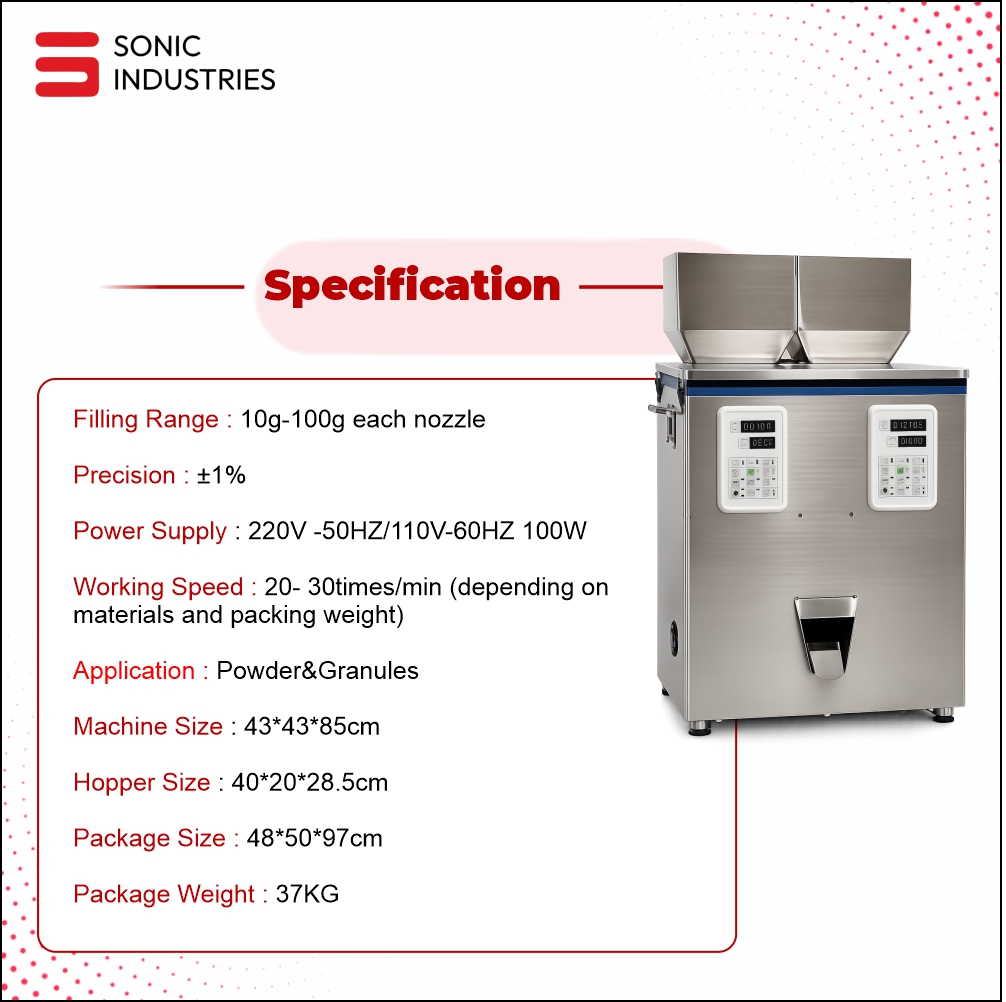 2 Head 10 to 100 Grams Granule Filling Machine Sonic Industries