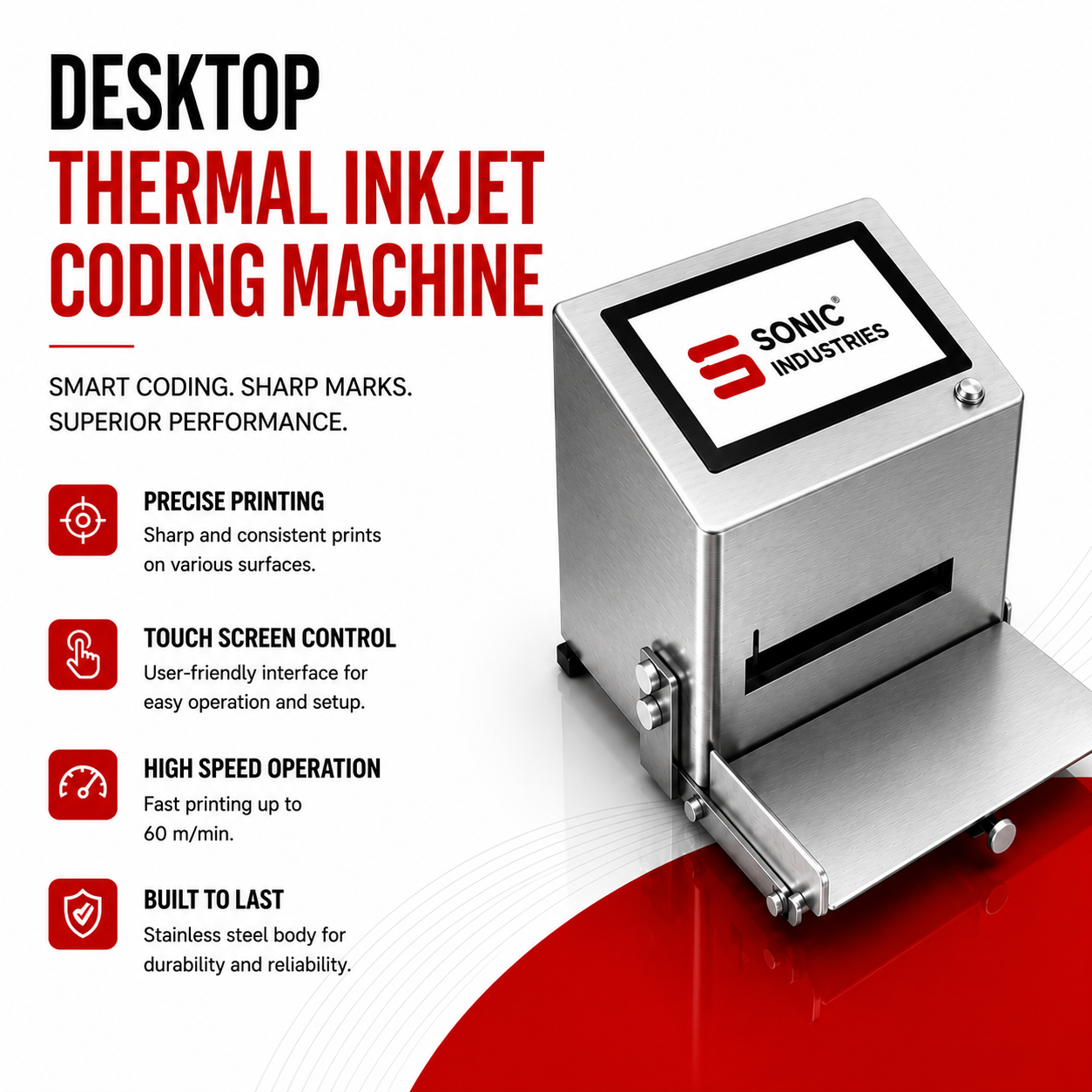 Desktop Printer for Batch Coding by Sonic Industries for printing MRP, manufacturing date, expiry date, batch number, barcode, QR code, serial number, and variable data on industrial packaging.